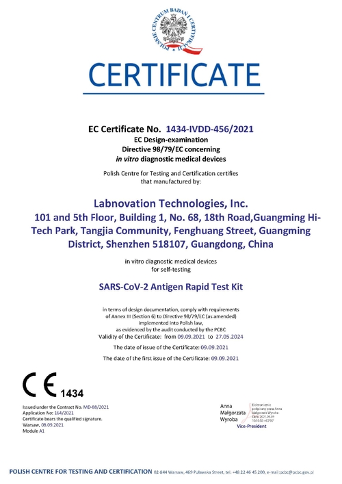 Labnovation의 SARS-CoV-2 Antgen Rapid Test Kit(자체 테스트용) CE 인증 통과